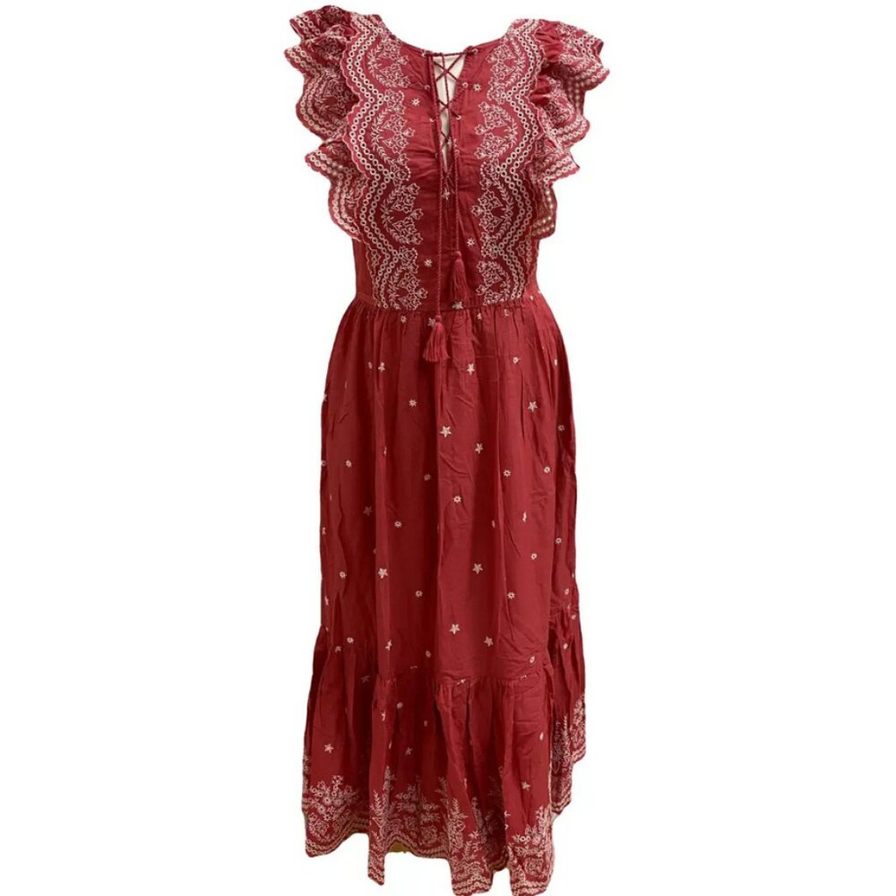 Ulla Johnson Scarlet Vera Bohemian Eyelet Lace Embroidered Red Summer Dress